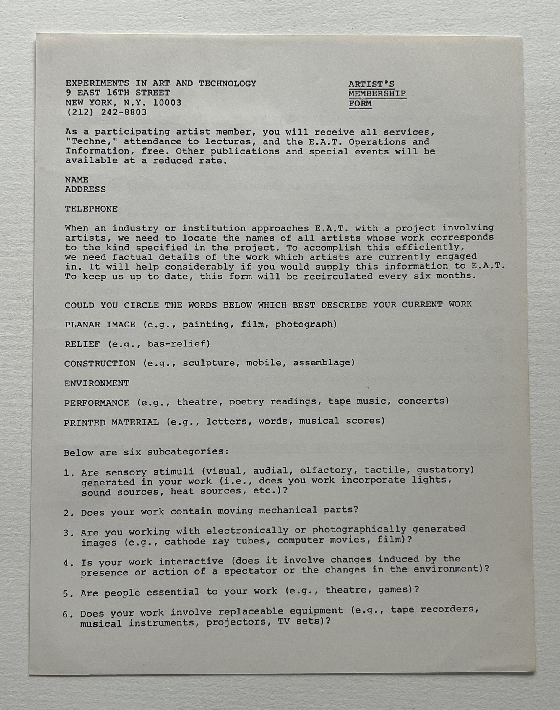 Experiments in Art and Technology Artist's Membership Form — Spalter ...